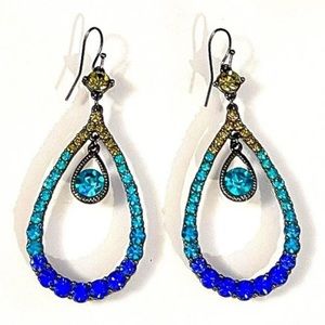 Dangling tear drop shaped rhinestone fashion earrings, sparkly & electric hues